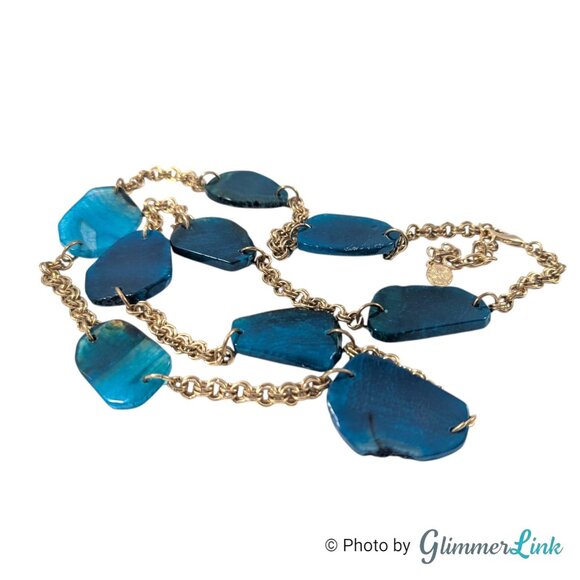 Vintage RG Graziano Blue Agate Long Gold Tone Necklace 36 Inch Layering Station - Picture 9 of 11